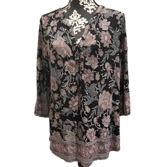 Lucky Brand Floral Blouse Women’s Plus Size 1X Black Pink Longer Length 3/4 - Picture 1 of 7